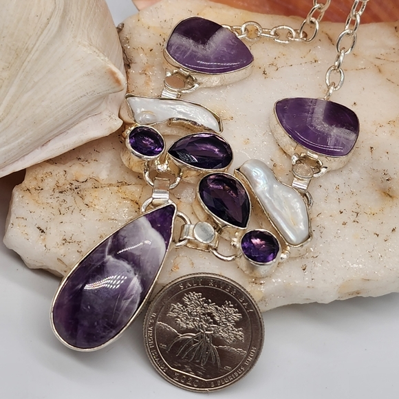 Silver 925 Long Necklace Pendant Pearl  Amethyst Stones - Picture 8 of 10